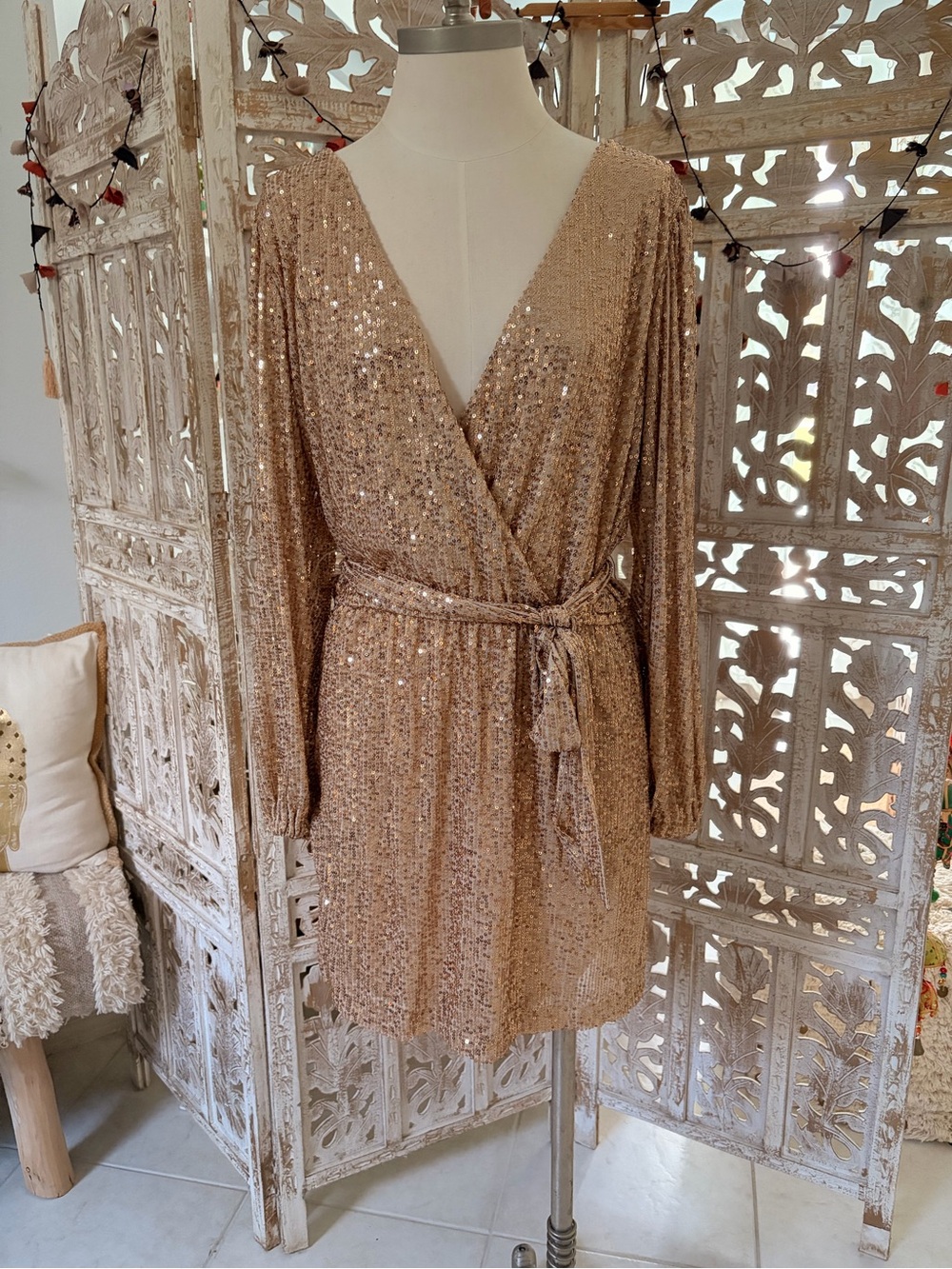 Francesca's Collections Gold Sequin Wrap Mini Dress with Tie Waist